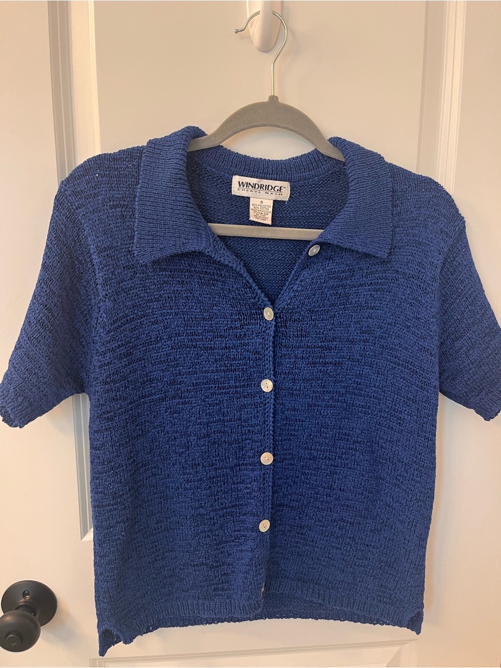 Women’s Short-Sleeve Knit Button-Up Top — Blue